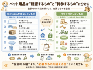 ペット用品を「施設に確認するもの」と「持参を検討するもの」に分けた図