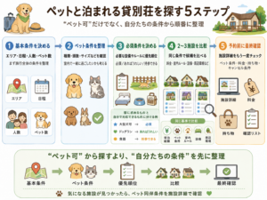 「エリア・日程・人数・ペット数→ペット条件→必須条件→候補比較→最終確認」の貸別荘探し手順図