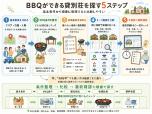 「エリア・日程・人数 → BBQ条件 → 必須条件 → 候補比較 → 最終確認」の貸別荘探し手順図
