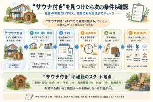 「サウナ付き」から予約前に確認したい条件を整理した図