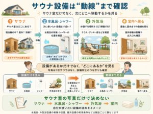 「サウナ → 水風呂・シャワー → 外気浴 → 室内」の利用動線を確認する図