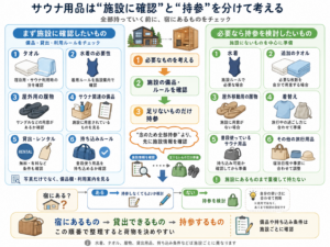 サウナ用品を「施設に確認するもの」と「持参を検討するもの」に分けた図