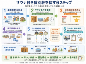 「エリア・日程・人数 → サウナ条件 → 優先順位 → 宿泊設備 → 候補比較 → 最終確認」の探し方