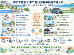 「海が見える」と「海まで行きやすい」の違いを整理した比較図