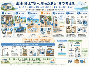 「宿 → 海 → 宿 → 砂・海水を落とす → 着替え → 洗う・乾かす」の動線図