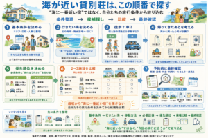 「基本条件 → 行きたい海 → 移動方法 → 帰宅後の設備 → 優先順位 → 候補比較 → 最終確認」の探し方