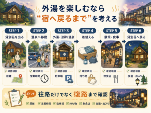 貸別荘 → 温泉 → 散策・食事 → 貸別荘へ戻るまでの動線