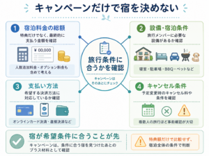 キャンペーンだけで決めず「宿泊総額・設備・支払い・キャンセル」を確認する判断図