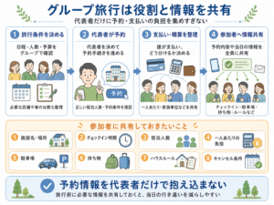 グループ旅行の「代表者・予約・支払い・参加者への共有」を整理した流れ図