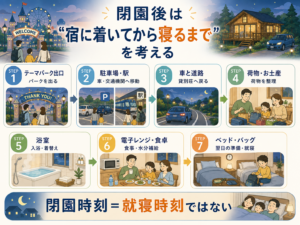 テーマパーク → 貸別荘 → 入浴・食事 → 就寝までの動線