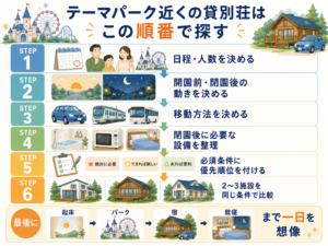 テーマパークに近い貸別荘を探す手順