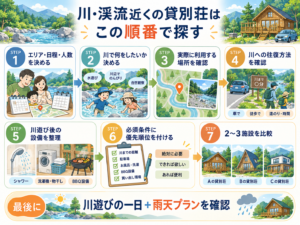 川・渓流に近い貸別荘を探す手順