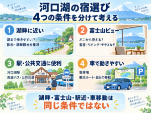河口湖の宿選びで分けて考えたい4つの条件