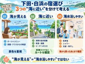 「海が見える」「海に近い」「海水浴しやすい」の違い